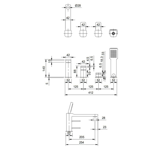 Змішувач для ванни Omnires Slide на 4 отвори graphite (SL7732GR)