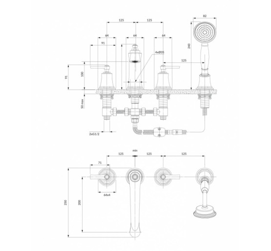 Смеситель для ванны на 4 отверстия Omnires Armance chrome, с термостатом (AM5232CR)