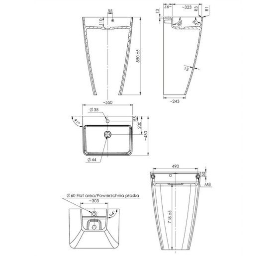 Умывальник Omnires Parma 43x55 отдельностоящий white (PARMAUWBP)