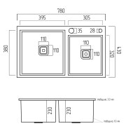 Кухонная мойка Platinum Handmade PVD HDB черная 780х430х230 на две чаши (квадратный сифон, 3.0/1.0)