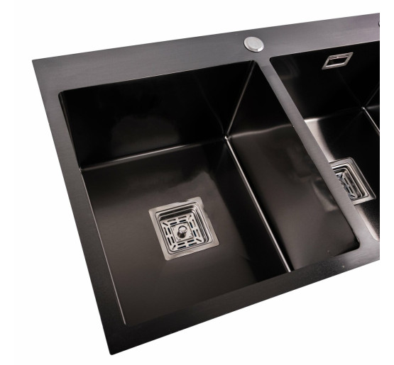 Кухонна мийка Platinum Handmade PVD HDB чорна 780х480х230 на дві чаші (квадратний сифон,3.0/1.0)