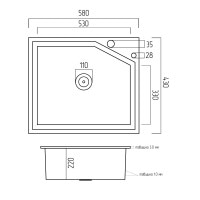Кухонная мойка Platinum Handmade 580х430х220 (с креплением + полная комплектация)