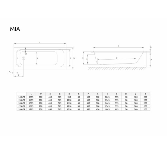 Ванна прямокутна з сифоном MIA 170x70 RADAWAY