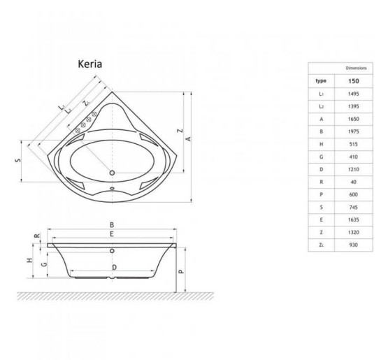 Ванна угловая KERIA 150x150, RADAWAY