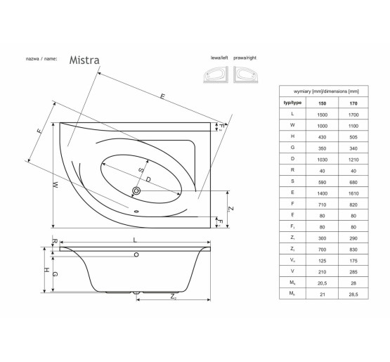 Ванна асиметрична права Mistra 170x110 P, RADAWAY