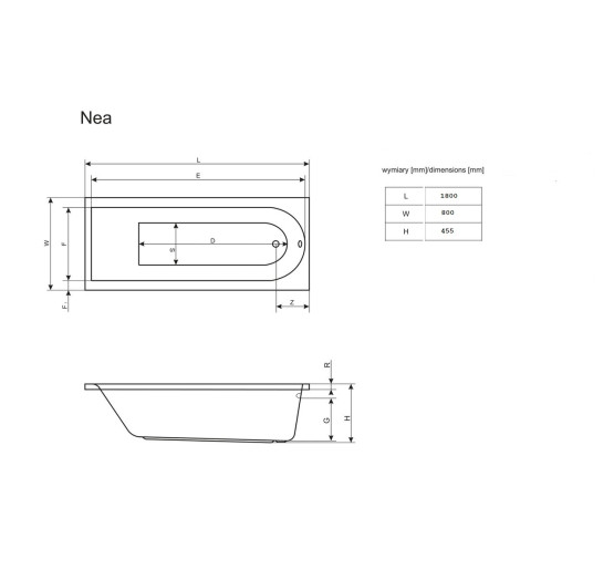 Ванна прямоугольная с сифоном HC31M-S1 NEA 180x80 RADAWAY