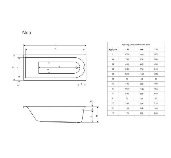 Ванна прямокутна з сифоном NEA 170x70 RADAWAY