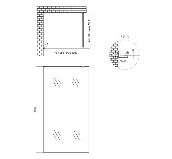 Душевая перегородка Qtap Walk-In Standard BLM201.C8 100х190 см, стекло Clear 8 мм, покрытие CalcLess