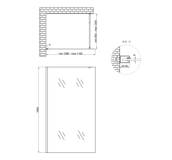 Душова перегородка Qtap Walk-In Standard BLM2011.C8 100х190 см, скло Clear 8 мм, покриття CalcLess