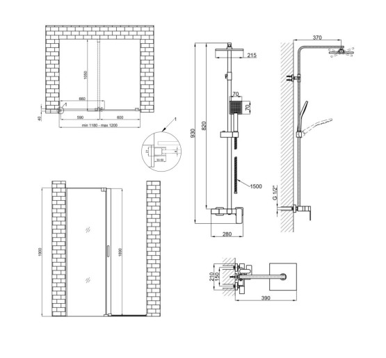 Готове рішення Qtap 13: Стіна Walk-In GLIDE, 120x190 + Душ. система