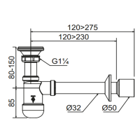 Сифон Prevex для умывальника Basic телескопический, традиционная резиновая пробка, гофр d32, переходник d32/40 с накладкой.