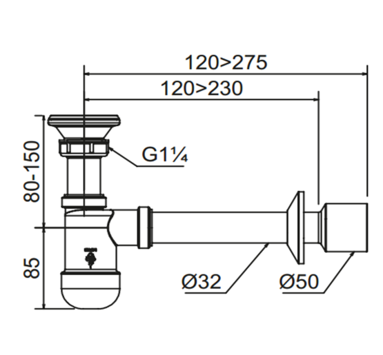 Сифон Prevex для умывальника Basic телескопический, традиционная резиновая пробка, гофр d32, переходник d32/40 с накладкой.