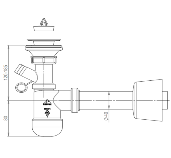 Сифон для умывальника Preloc телескопический, резиновая заглушка, сливная трубка d32/50 с розеткой, подключение к стиральной машине и переливу.
