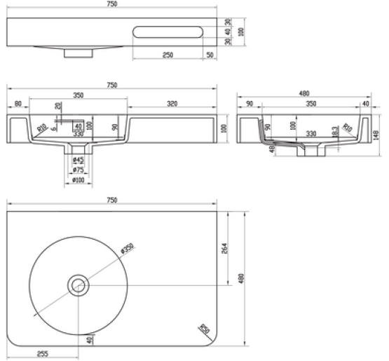 Умивальник підвісний VOLLE Solid Surface 750x480x148мм прямокутний білий 13-40-742