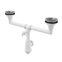 Сифон Alcaplast A453P для здвоєної мийки з нержавіючими решітками Ø115 і підведенням 