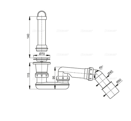 Випускний комплект Alcaplast A462-50 для душового піддону з гідрозатвором і коліном