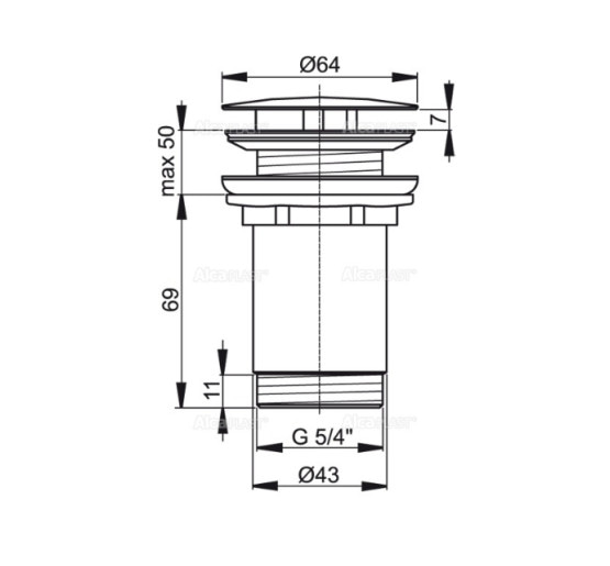 Донний клапан Alcaplast A396 для умивальника без переливу 5/4", суцільнометалевий 