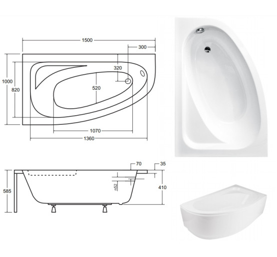 Ванна акрилова асиметрична Besco Cornea Comfort 150 ліва 150x100 без ніжок