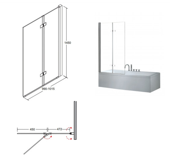 Штора для ванни Besco Lumix 100x145 прозоре скло 
