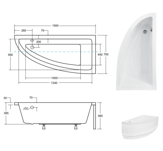 Ванна акрилова асиметрична Besco Praktika 150 права 150x70 без ніжок