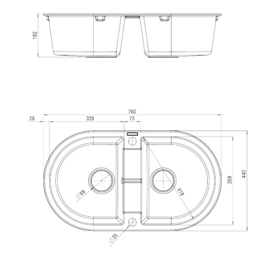 Гранитная кухонная мойка 2 чаши без крыла для сушки Deante Piva графитовый (ZQI 220В) 