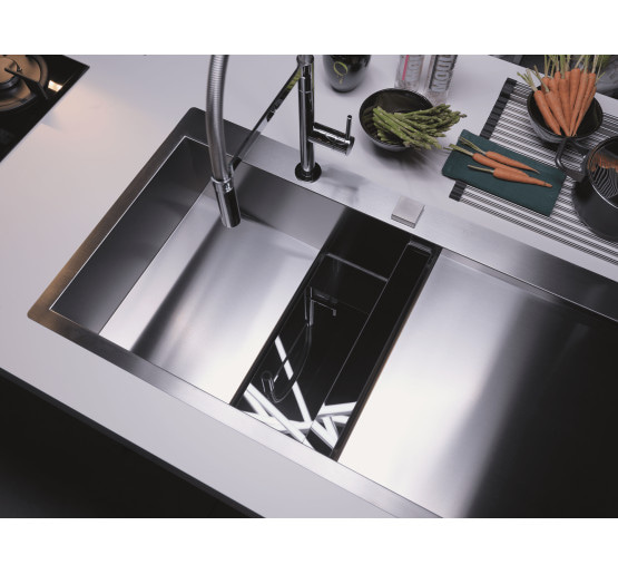 Кухонная мойка Franke Crystal Line CLV 214 (127.0306.413) полированная - монтаж врезной или в уровень со столешницей - нержавеющая сталь / Белое стекло крыло слева