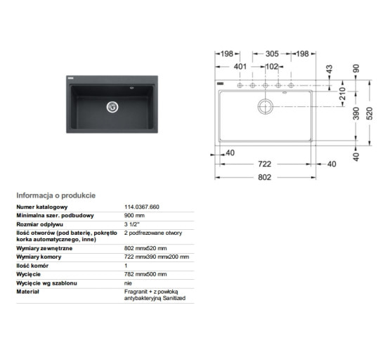  Кухонная мойка Franke FIJI FIG 610-80 grafit 802x520 (114.0367.660)