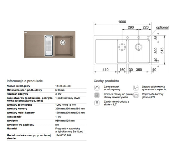 Кухонная мойка Franke MYTHOS MTG 651-100 миндаль левая 1000x515 (114.0594.821)