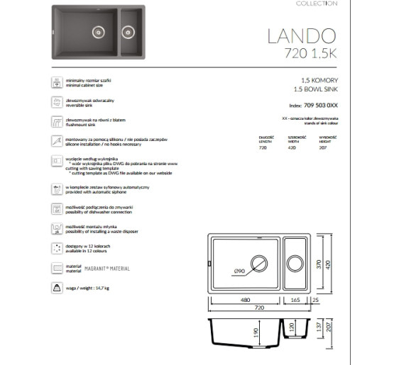 Кухонна мийка Marmorin LANDO 720 1,5KO  720x420 (709 503 0xx)