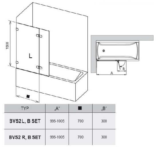 Штора для ванни Ravak BVS2-100 L хром/Transparent (7ULA0A00Z1)