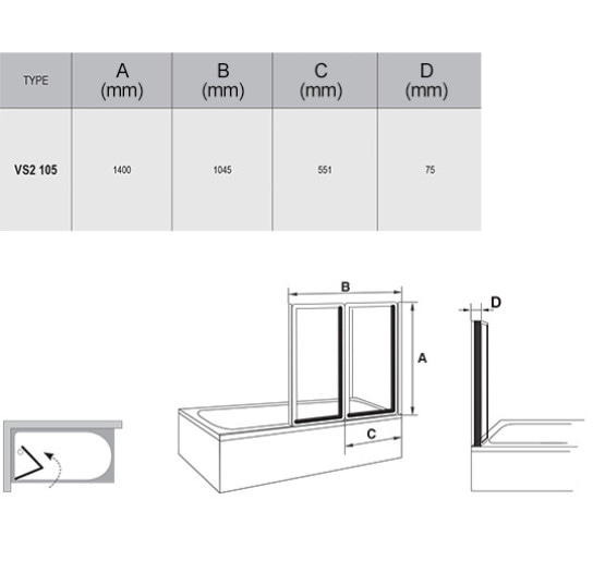 Штора для ванны Ravak VS2 105 сатин/Transparent (796M0U00Z1)