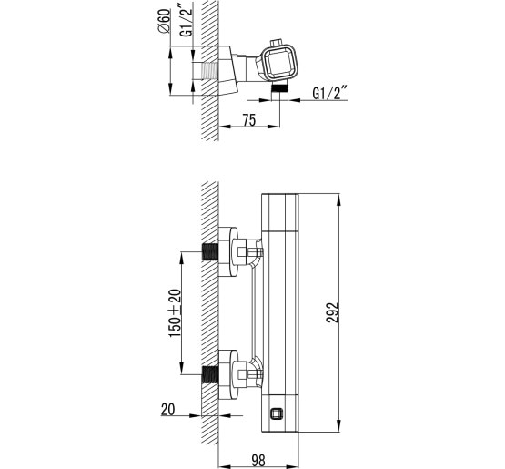 Термостатичний змішувач для душу Ravak 10° TD 033.00/150, настінний без лійки, 150 мм (X070102)