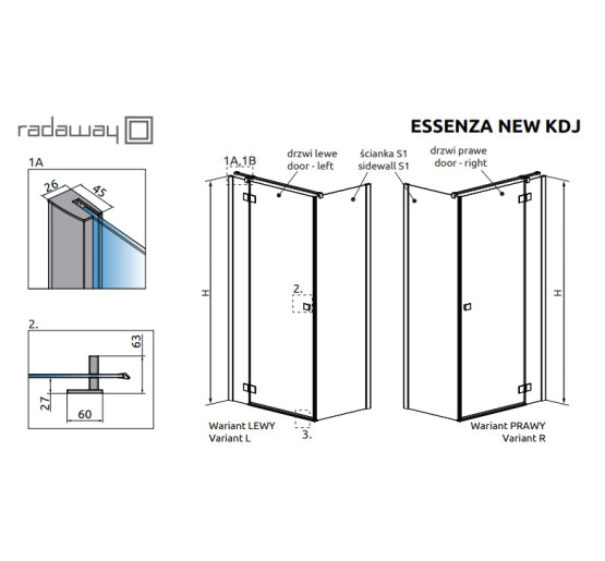 душова кабіна Radaway Essenza New KDJ двері 100 праві (385040-01-01R)