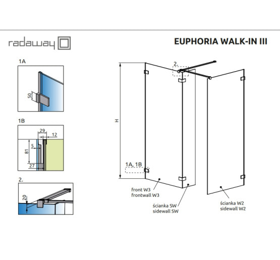боковая стенка для душевой кабины Radaway Euphoria Walk-in W2 III 80 (383120-01-01)