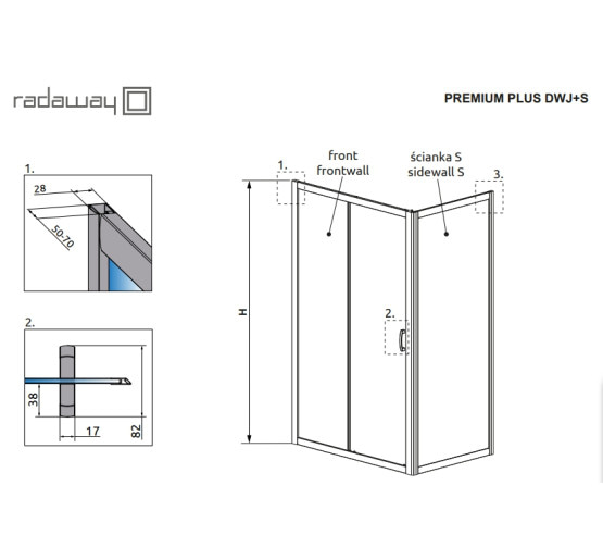 Бокова стінка душової кабіни Radaway Premium Plus DWJ+S  S 75 прозоре скло (33402-01-01N)