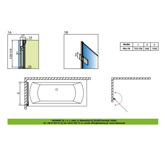 Штора для ванни Radaway Arta PNJ 70 L прозоре (210101-01L)