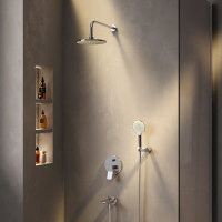 Набор: смеситель для ванны и душа, верхний душ с держателем, душевой набор и излив на ванну AM.PM FB85A10020 X-Joy