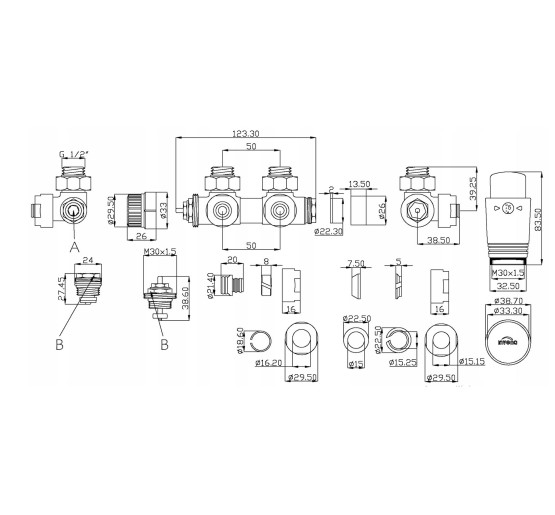 Дизайн крани радіаторні Invena, кутовий термостатичний комплект, сірий