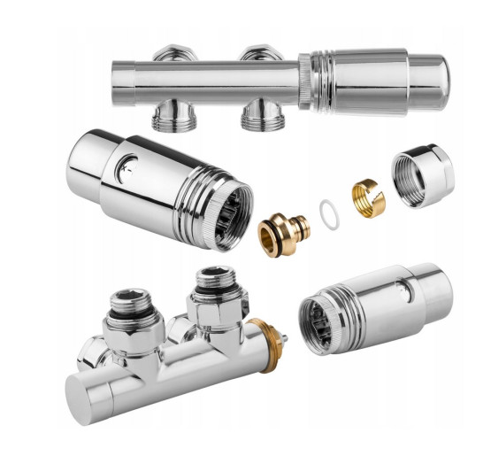 Дизайн крани радіаторні Invena, кутовий термостатичний комплект, срібний