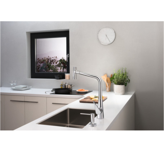 Змішувач Hansgrohe Metris Select 320 2jet кухонний з витяжним виливом (73820000)
