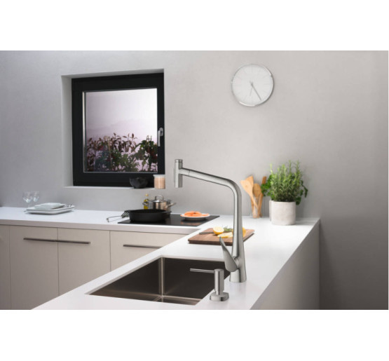 Змішувач Hansgrohe Metris Select 320 2jet кухонний з витяжним виливом Sbox (73816800) Stainless Steel