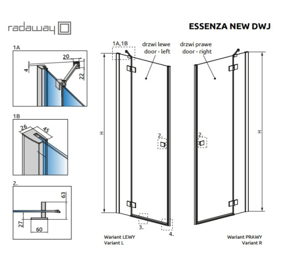 Душевые двери Radaway Essenza New DWJ 90 L прозрачное стекло (385013-01-01L)