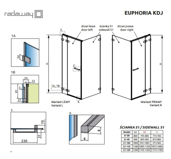 Бокова стінка Radaway Euphoria  S1 90 прозоре скло (383050-01)
