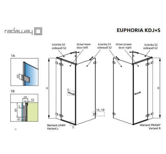 Душова кабіна Radaway Euphoria KDJ+S door 90 R прозоре скло (383020-01R)