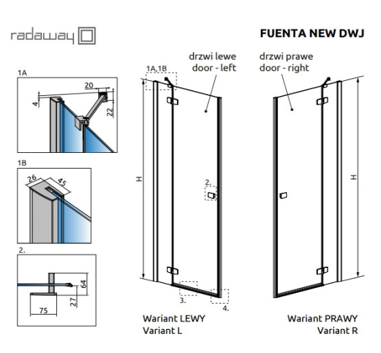 Душевые двери Radaway Fuenta New DWJ 90 R прозрачное стекло (384013-01-01R)