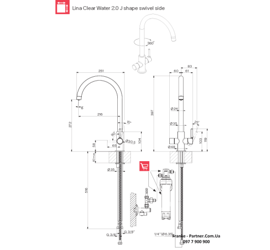 Смеситель кухонный Franke Lina L Clear Water | подключение к фильтру хром | 120.0730.779