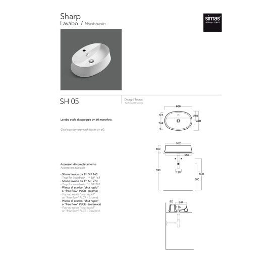 Умивальник SIMAS SH 05 Sharp (SH05) Glossy white