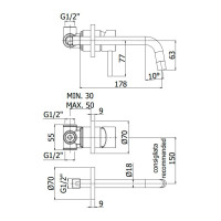 Змішувач для раковини настінний Paffoni Light (колір - глянцеве золото), вилив 178 мм