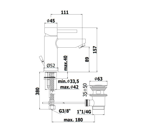 Змішувач для раковини Paffoni Stick Energy & Water Saving (колір - сталь), з донним клапаном