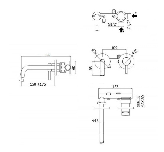 Змішувач для раковини настінний Paffoni Light (колір - сталь), вилив 175 мм